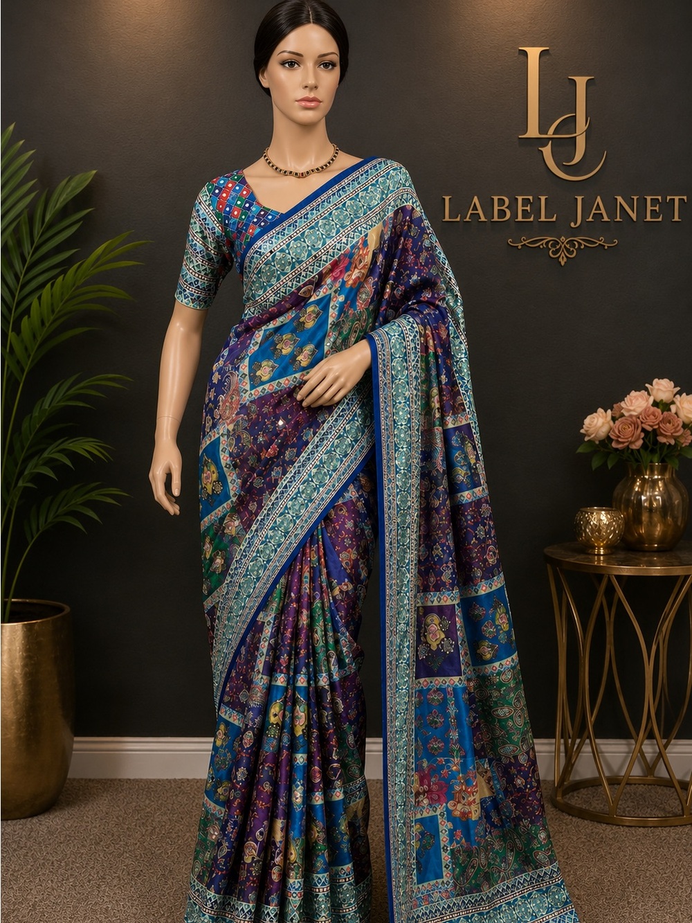 Brand new,Ajrakh Mirror work Roman Silk saree with Stitched blouse